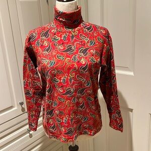 TALBOTS 100% SOFT COTTON PAISLEY PRINT TURTLENECK TOP IN RED,/GREEN/GOLD/WHITE